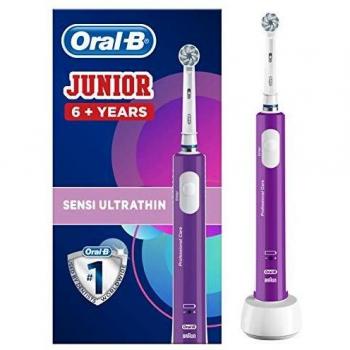 Oral-B Junior Cepillo de Dientes Eléctrico con Mango Recargable, Tecnología Braun y 1 Cabezal de Recambio, Apto para Niños Mayores de 6 años - Morado