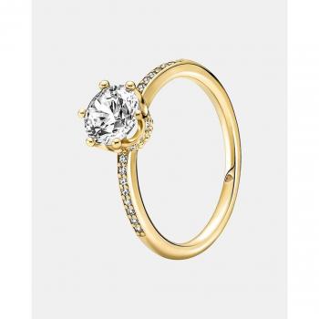 Anillo Solitario Corona Brillante con Recubrimiento en Oro de 14K y Zirconia Cúbica - Talla 50