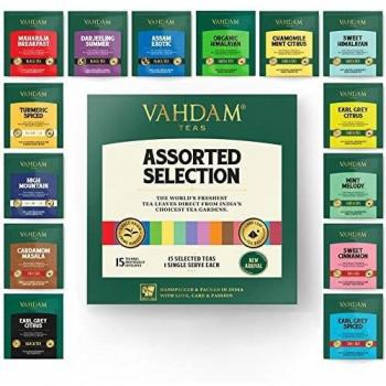 VAHDAM, Paquete de variedad de té -15 SABORES | Muestreador de té variado- té negro, té verde, té oolong, té chai, té de hierbas | Set de regalo de té
