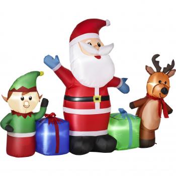 HOMCOM Decoración Navideña Inflable de Papá Noel con Elfo y Reno, 6 Luces LED Rojas, Inflador Incorporado, Impermeable para Uso en Exteriores e Interiores, T