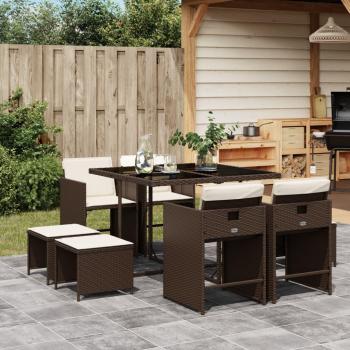 9-Piece Brown Poly Rattan Garden Dining Set with Cushions