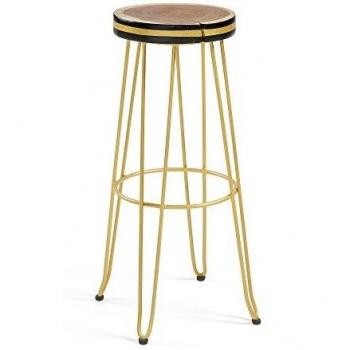 Kave Home - Taburete Alto de Bar Faye Dorado 74 cm con Respaldo de Madera Maciza de mungur y Estructura de Acero en Negro