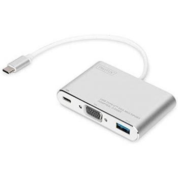 Adaptador de gráficos multipuerto USB Type-C DIGITUS, USB Type-C a VGA + USB A 3.0 + USB C, función de carga, Full HD 75Hz, aluminio