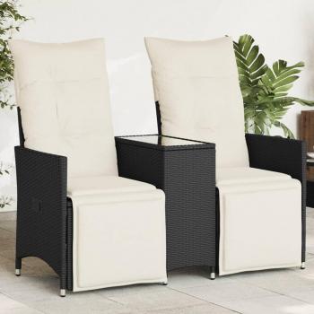 Sofá reclinable de jardín de 2 plazas con mesa de centro de Polyrattan negro