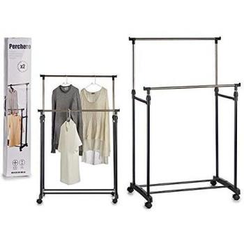 Perchero Doble de Metal con Ruedas Kipit 2 Barras Plateado y Negro (32 x 80 x 162 cm)