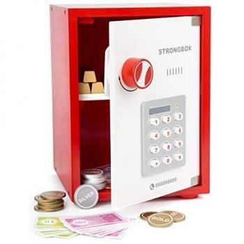 Cofre Fuerte de Madera para Niños con Dinero de Juego y Cerradura Mecánica - 20 x 20 x 27 cm - Color Rojo