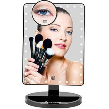 FUNTOUCH Grande Espejo Maquillaje Aumento 1X10X, Espejo Maquillaje con Luz Regulable con 35 Leds , Espejo Tocador Recargable USB y Bateria Disponible Apoyo 180° Rotación