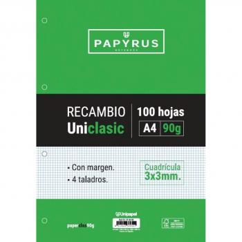 Recambio Uniclas A4 100H 90g. 4 taladros cuadr.3x3 con margen