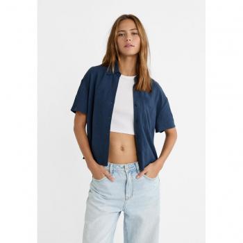 Navy Blue XS Short Sleeve Linen Blend Shirt