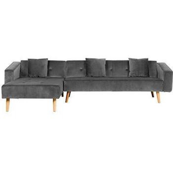 Sofá cama esquinero de terciopelo gris derecho con 3 almohadas, tapizado en terciopelo, patas de madera clara, reclinable, 4 plazas