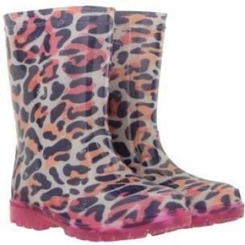 Mountain Warehouse Children's Splashed Leopard Print Flashing Lights Wellington Boots - Pink - Size: 1 UK