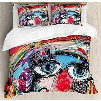 Juego de sábanas Art de 3 piezas Juego de funda nórdica, Grafitti estilo Sketchy Pintura colorida con imagen de animal de perro con rostro humano, Juego de fundas de edredón / Qulit de 3 piezas con 2