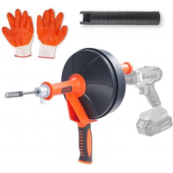 Mophorn VEVOR Drain Auger 25ft 1/4in Drum Plumbing Drain Snake Clog Remover Manual-feed with Drill Attachment Protective Hose Gloves for Kitchen Bathroom Shower