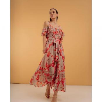 Vestido Largo con Volantes y Escote Cuadrado Estampado Floral