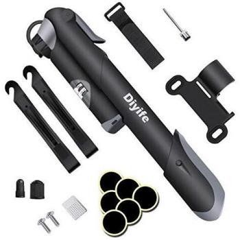 Bomba para Bicicleta con Manómetro, [120 PSI] Diyife Mini Bomba De Bicicleta [Set Completo, Aguja, Kit De Parche, Tapas De VáLvulas Y Montura De Marco para Presta Y Schrader