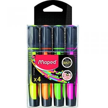 Maped - Material Escolar - Subrayador Max - 4 Subrayadores de Colores - Amarillo, Naranja, Verde y Rosa - Punta Biselada - Longitud Extra - Agarre Ergonómico Triangular