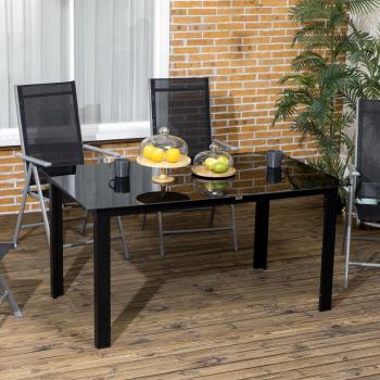Outsunny Mesa de Jardín Rectangular para 6 Personas con Marco de Aluminio y Tablero de Vidrio Templado, Carga máxima 50 kg, Dimensiones 150x90x74 cm, Color Negro