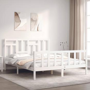 Cabecero King Size Blanco Madera Maciza con Estructura de Cama Matrimonio de Madera Maciza en Color Blanco