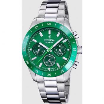 Reloj Festina Ceramic F20693/5 Verde de mujer, acero plateado, diseño elegante, esfera verde, resistente al agua