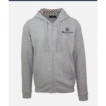 Aquascutum Men's Grey Cotton Zip-Up Hoodie with Embossed Logo - Size Small