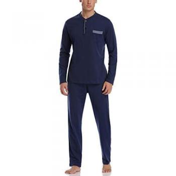 Aiboria Pijamas Hombre Algodón 2 Piezas Calentito Pijama Hombre Manga Larga Ropa de Dormir Top y Pantalones Pijamas