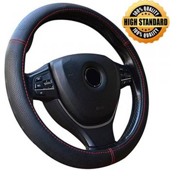 Semoss Clásica Universal Antideslizante Cuero Genuino Funda Volante Cubre Volante Piel Cubierta Volante Cuero con Rojo Linea,Tamaño:M,37-38 cm
