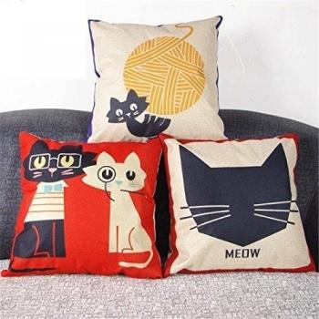Luxbon Conjunto de 3 Fundas de Cojín Almohada Gato Monos Lino Duradero Decoración para Sofá Cama Coche 18x18 45x45 cm