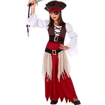 Disfraz de Pirata Granate para niña 3-4 años, incluye vestido rojo con detalles en negro, cinturón, pañuelo y medias