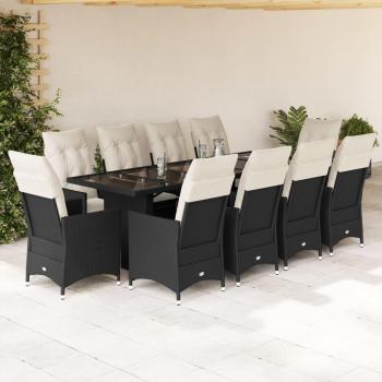 Set de mesa y sillas de jardín 11 piezas con cojines de ratán PE negro