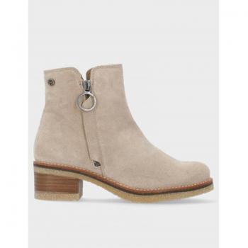 Botín Porronet Poppy de Piel Beige con Tacón 5cm y Cremallera, Serraje Arena, Talla 38