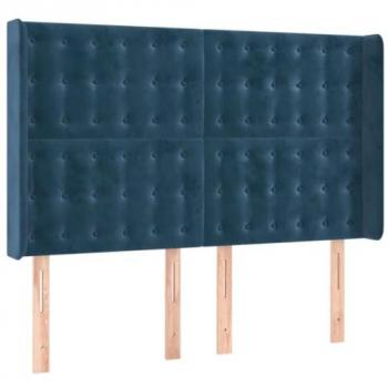 Cabecero de cama tapizado en terciopelo azul oscuro con LED, dimensiones 147x16x118/128 cm