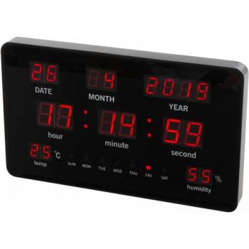 Reloj de pared con LEDs Perel, diseño moderno, pantalla digital, iluminación LED, función de alarma, calendario integrado, formato 12/24 horas, fácil instalación