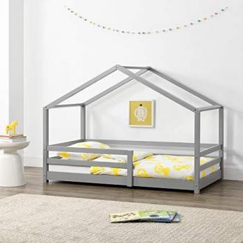 Cama Infantil Knätten 70 x 140 cm en Diseño de Casa con Somier de Madera de Pino y Reja de Seguridad Gris Claro Lacado Mate