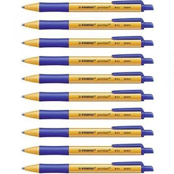 STABILO pointball - Bolígrafo retráctil ecológico recargable - Caja con 10 unidades - Color azul