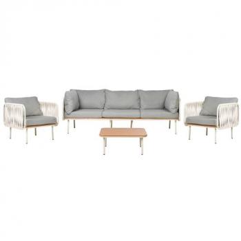 Conjunto de sofá y sillones de jardín con mesa de centro, estructura metálica, respaldo de cuerda y cojines grises Senise