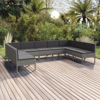 9-Piece Grey Poly Rattan Garden Lounge Set with Cushions