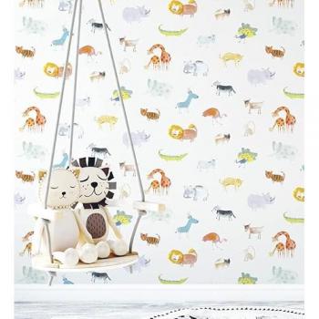 Papel Pintado Infantil Animales del Zoo Jirafas Elefantes Tigres Leones Monos - Rollo 10 m x 0,53 m