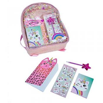 Mochila Transparente Gato con Set de Papelería Kawaii - Lote de 5 Piezas que incluye Mochila Escolar, Bloc de Notas, Libreta, Pegatinas y Bolígrafo