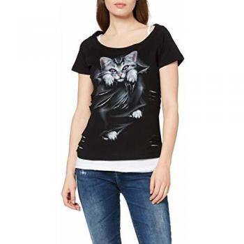 Spiral Direct Women's Bright Eyes-2In1 White Ripped Top T-Shirt, Black