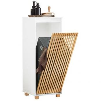 Cesto para Ropa Sucia Armario Multifuncional de Baño con Puerta de Bambú y 1 Cesto Blanco 32 x 33 x 85 cm