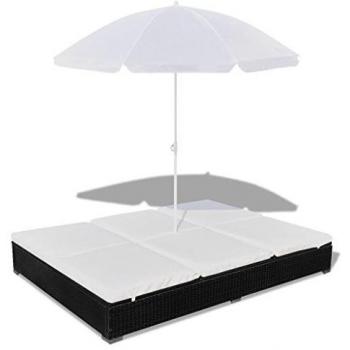 Outdoor Lounge Bed with Umbrella Black Poly Rattan