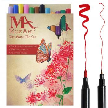 Set de rotuladores con doble punta de pincel- 12 colores - alta calidad, crea un efecto acuarela - Ideal para libros para colorear para adultos, manga, bullet journal, caligrafía - MozArt Supplies