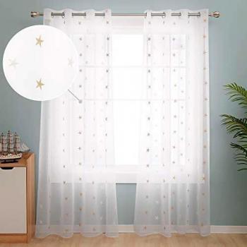 Deconovo Visillos Cocina Ventanas Efecto Lino para habitación Juvenil Niña Niño con Ojales Conjunto de 2 Paneles 140 x 290 cm Lino