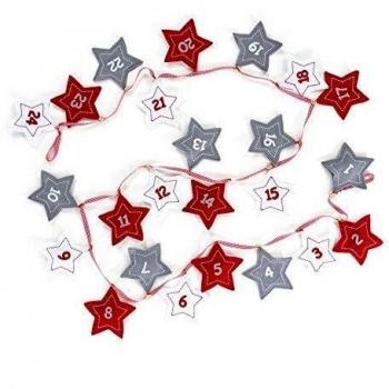 Calendario de adviento con 24 bolsillos en forma de estrellas, rojo/blanco/gris