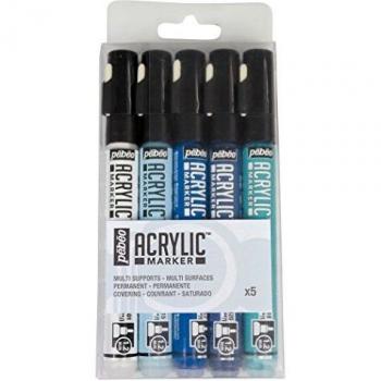 Set de 5 Marcadores Acrílicos Punta Redonda 1,2 mm - Colores Vivos: Blanco, Azul Claro, Cian, Azul Caribe y Azul Noche