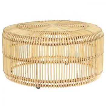 Mesa de Centro Boho Rústica de Ratán Natural y Madera Clara con Estructura de Hierro, 84 cm, Forma de Tambor