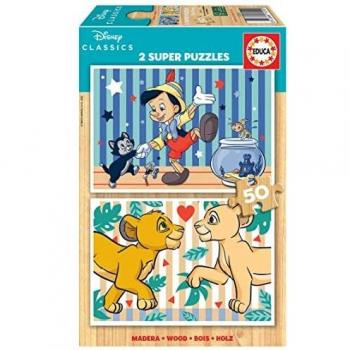 Educa - 2x50 Disney Classics, 2 Puzzles de Madera ecológica Resistente con 50 Piezas Cada uno, diversión