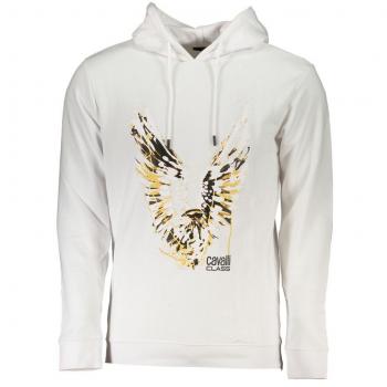 Cavalli Class Brushed Hooded Long Sleeve White Cotton Sweatshirt for Men - XXL