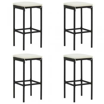 Taburetes de bar de Polyrattan negros con almohadas - Juego de 4 piezas, ratán sintético, diseño moderno, cojines acolchados para mayor comodidad