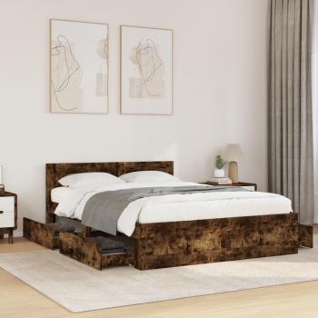 Cama de madera multicapa 140x190 cm con cabecero en roble ahumado marrón